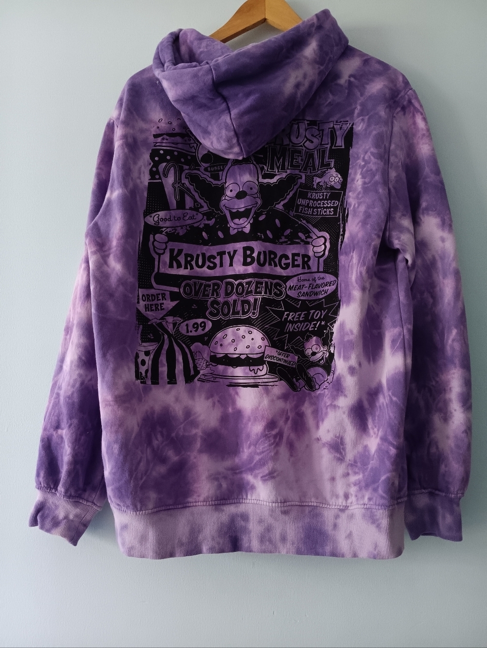 H&M The Simpsons Purple Tie Dye Krusty Burger Graphic Hoodie Kangaroo Pocket M - Picture 2 of 7